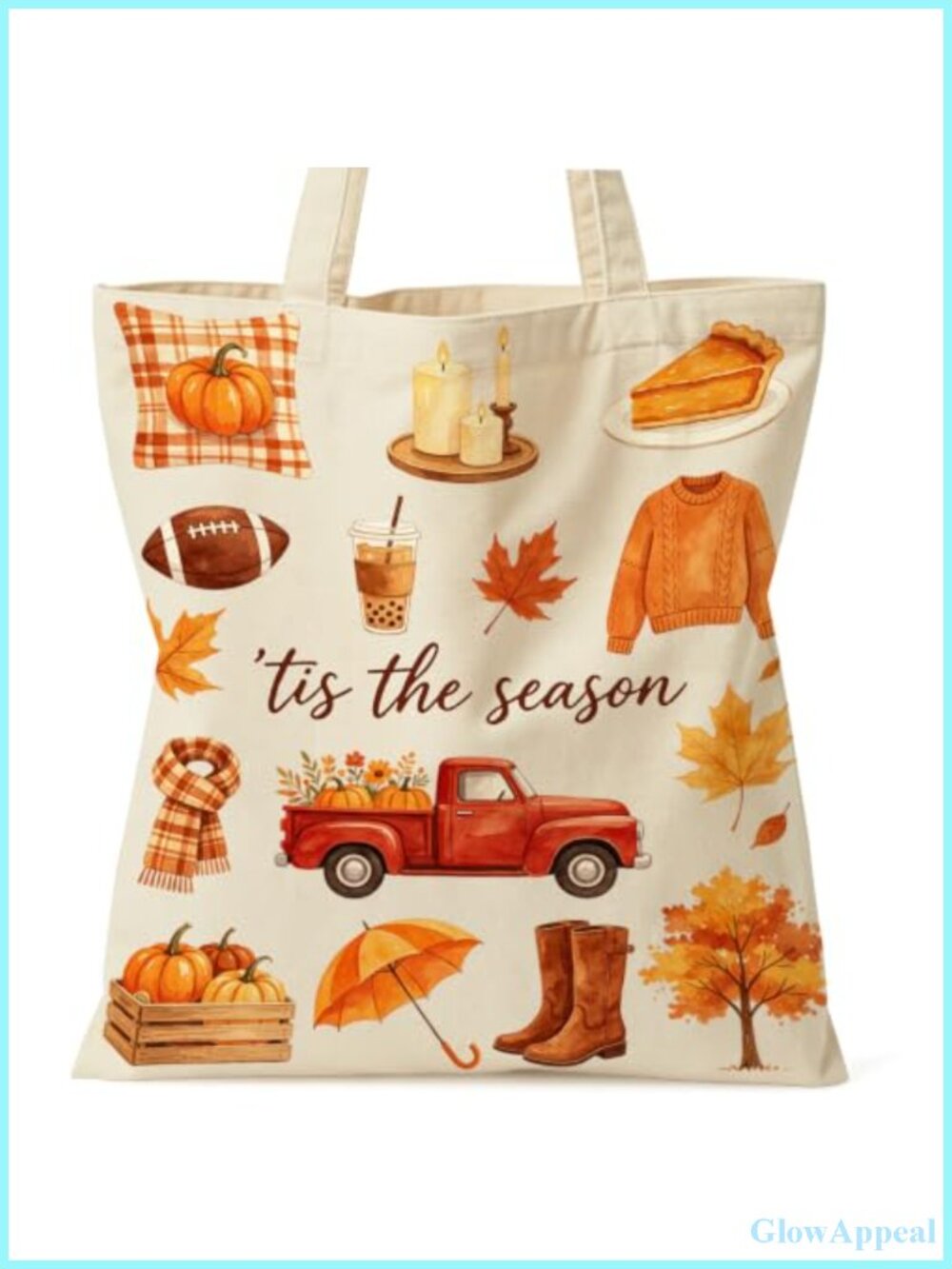 Canvas Tote Bag Watercolor Pumpkins Fall Gift Shoulder Strap Inner Zipper Pocket